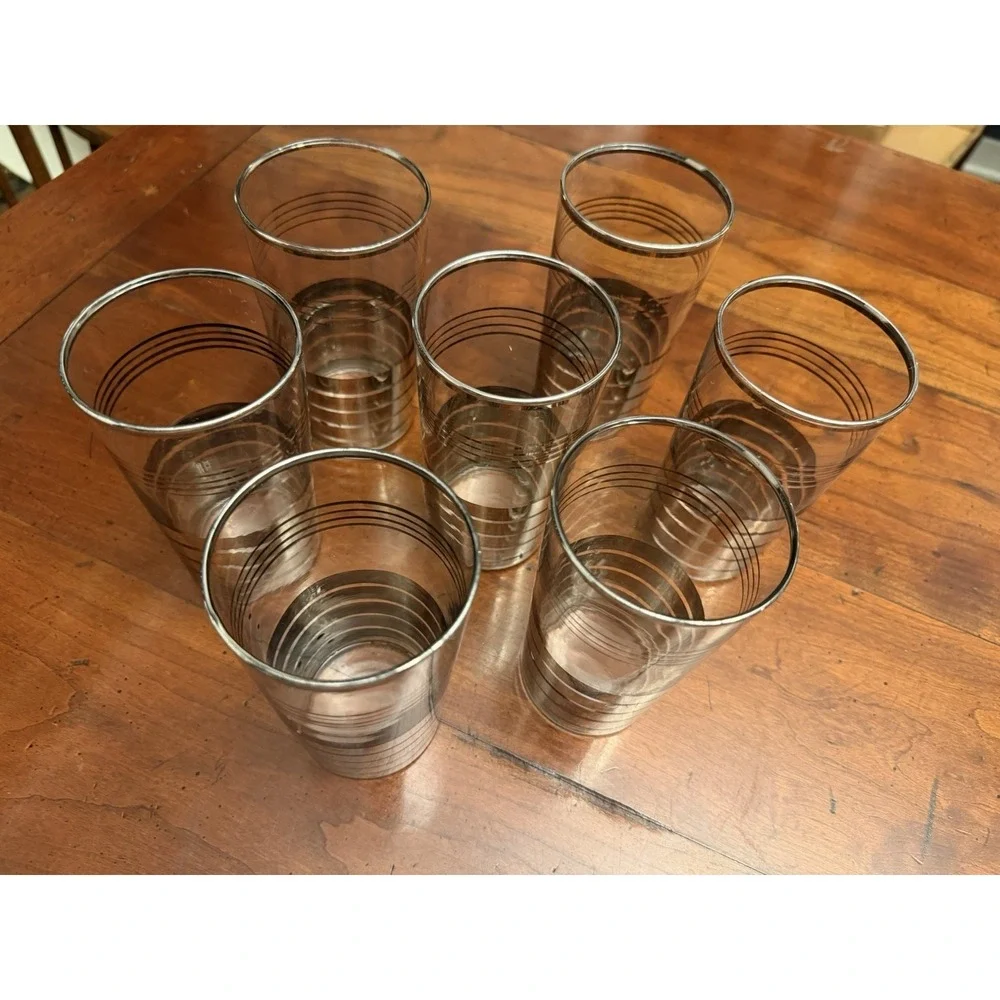 7 Vintage Mid-Century Modern Glass Silver Striped High Ball Tumblers 5 .5 X 2.5